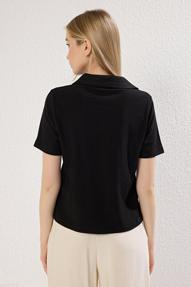 Siyah Polo Yaka Regular/Standart Kalıp Bürümcük Örme Bluz TWOSS25GO00105 - 4