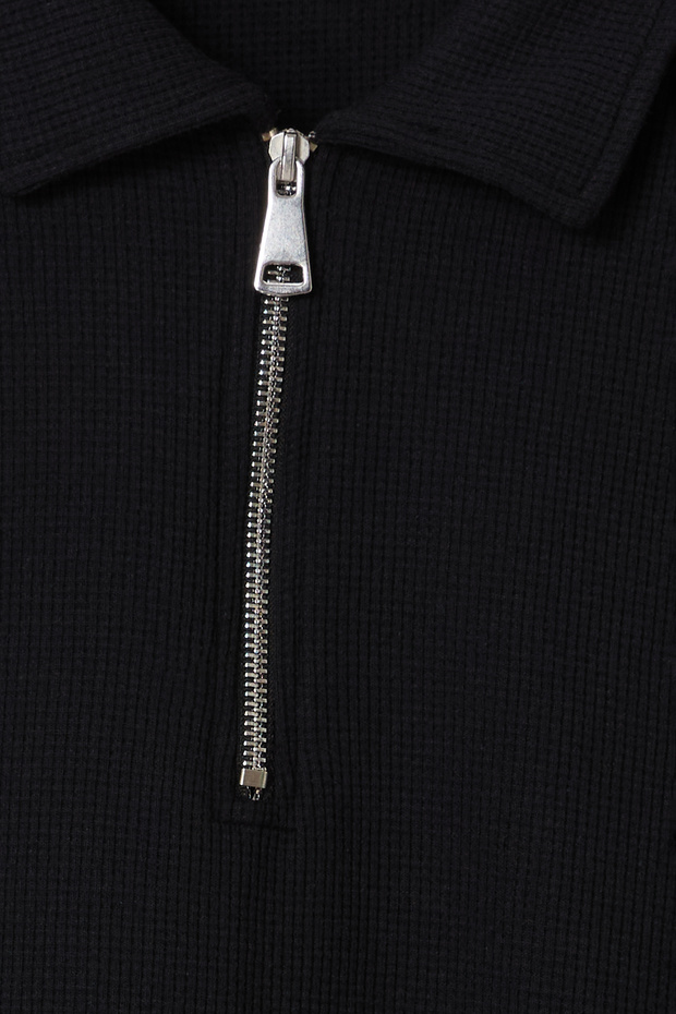 Siyah Oversize/Geniş Kesim Dokulu Fermuarlı Polo Yaka T-shirt - 6