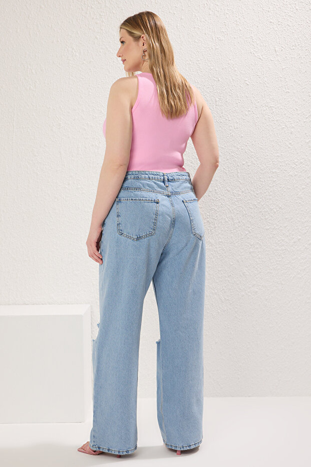 Buz Mavi Yüksek Bel Destroylu Geniş Paça/Wide Leg %100 Pamuk Non-Stretch Jeans TBBSS22JE00006 - 4
