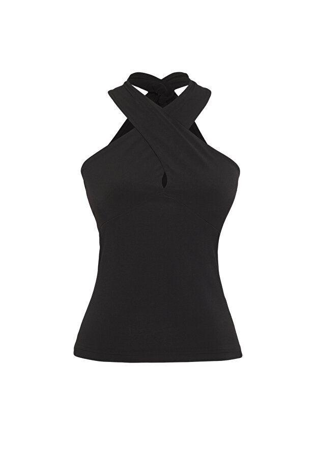 Siyah Boyundan Bağlamalı Fitted/Vücuda Oturan Örme Bluz TWOSS25BZ00399 - 5