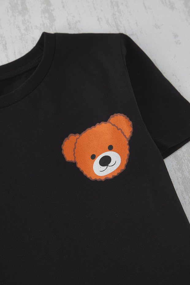 Siyah Unisex %100 Pamuk Ayıcık Baskılı Kısa Kol Family/Aile-Kız Örme Pijama Takımı TKDSS25PT00015 - 4