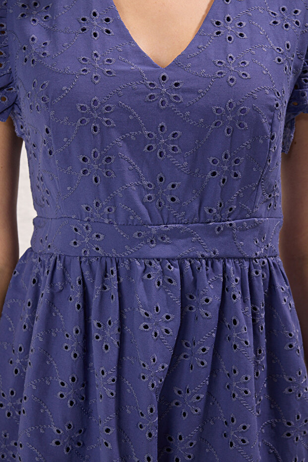 Indigo Brode Skater/Belden Açılan Mini Astarlı Dokuma Elbise TWOSS22EL00697 - 3