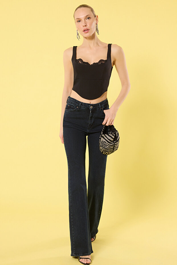 Siyah Crop Dantel Detaylı Dokuma Şık Büstiyer TPRSS25BS00031 - 4