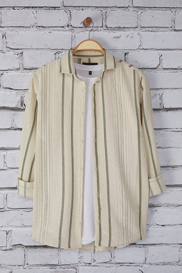 Haki Regular Fit Çizgili Keten Dokulu Gömlek TMNSS23GO00056 - 5