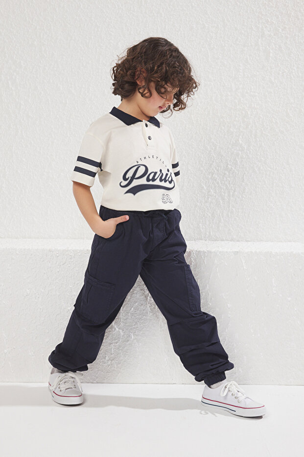 Lacivert %100 Pamuk Erkek Çocuk Cep Detaylı Ayarlanabilir Lastikli Denim Pantolon TKDSS25PL00005 - 2
