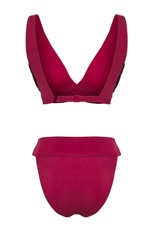 Bordo Üçgen Kaplı Regular Yüksek Bel Bikini Takımı TBESS25BT00121 - 6