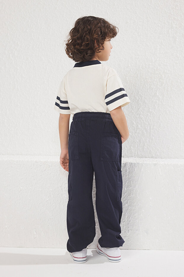 Lacivert %100 Pamuk Erkek Çocuk Cep Detaylı Ayarlanabilir Lastikli Denim Pantolon TKDSS25PL00005 - 3