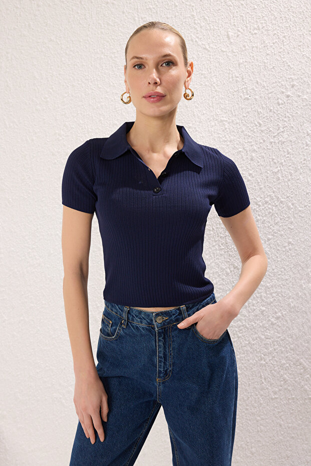 Lacivert-Ekru Basic Polo Yaka İkili Paket Triko İnce Bluz TWOSS25BZ00503 - 2
