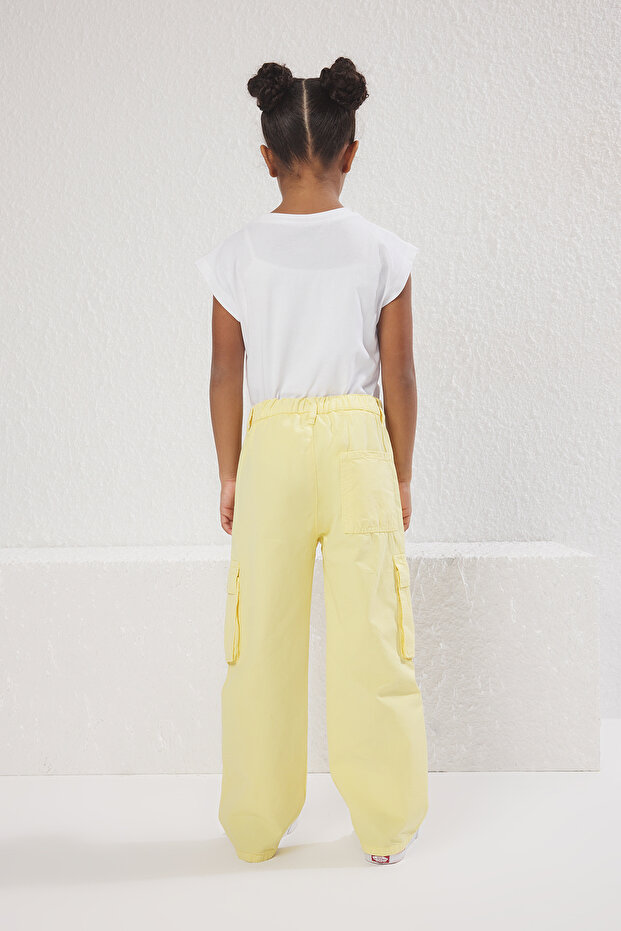 Sarı Kız Çocuk %100 Pamuk Cep Detaylı Wide Leg Lastikli Denim Pantolon TKDSS25PL00004 - 3