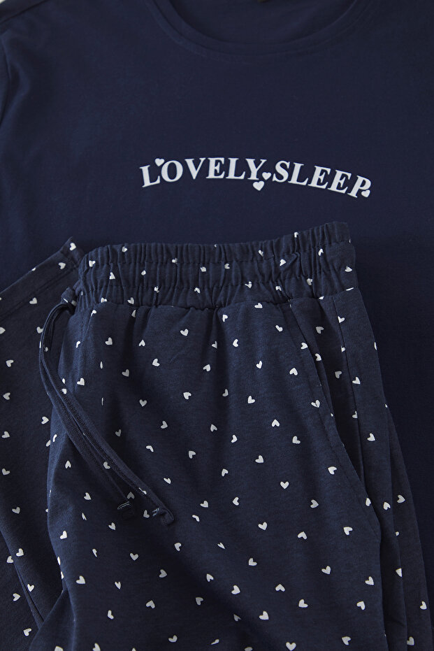 Lacivert Regular Fit Kalpli Çift/Couple %100 Pamuk Örme Pijama Takımı TMNSS25PT00050 - 3