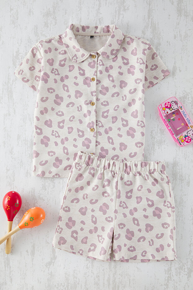 Ekru Kız Çocuk Pamuklu Leopar Desenli Gömlek Yaka Örme Pijama Takımı TKDSS25PT00000 - 1