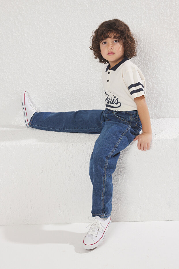 Koyu Mavi Erkek Çocuk Baggy Pamuklu Ayarlanabilir Lastikli Denim Pantolon Jean TKDSS24PL00005 - 2