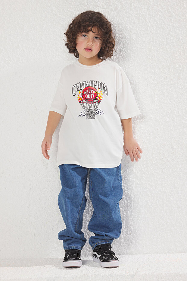 Ekru Erkek Çocuk Slogan Baskılı Regular/Normal Kalıp Kısa Kol Örme T-Shirt TKDSS25TS00031 - 1