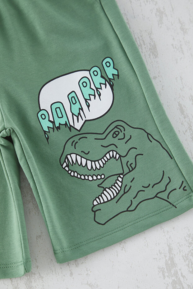 Yeşil Erkek Çocuk Pamuklu Dinozor Desenli T-Shirt-Şort Örme Alt-Üst Takım TKDSS24AU00027 - 2