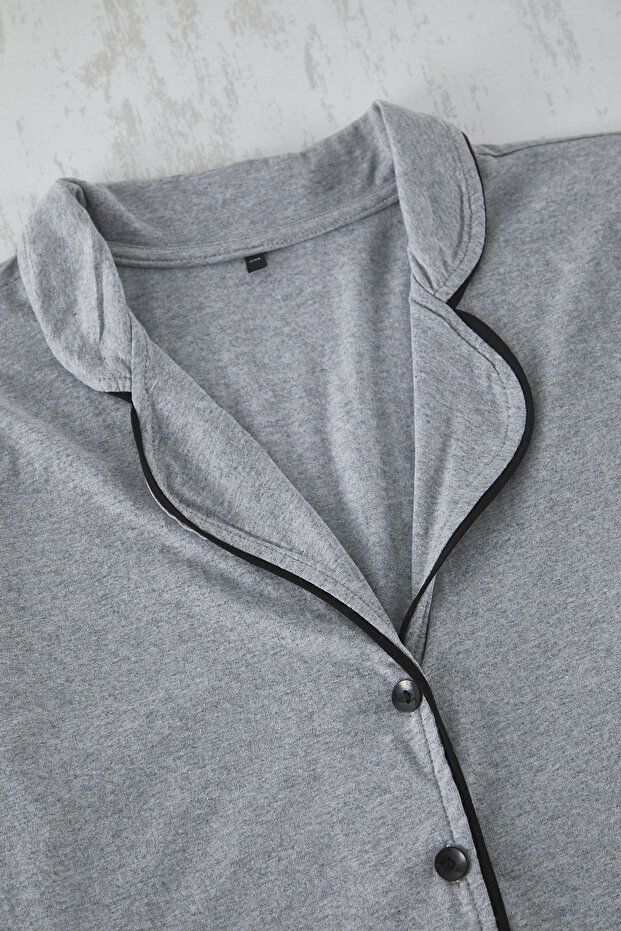 Szary melanżowy komplet piżamowy z kołnierzykiem z falbaną - Tbbaw25Ai00056 - 4