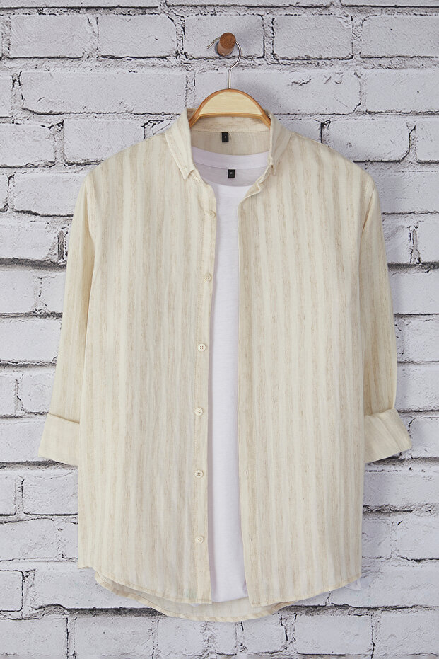 Bej Regular Fit Çizgili Nefes Alabilen Pamuklu Muslin Gömlek TMNSS25GO00015 - 5