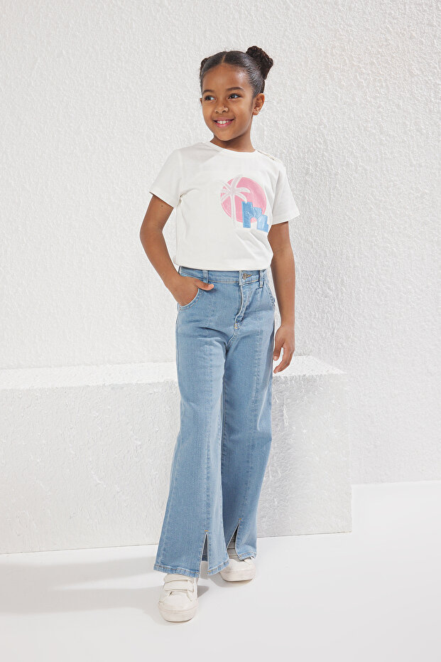 Açık Mavi Kız Çocuk Geniş Paça/Flare Lastikli Denim Jeans TKDSS25JE00003 - 2