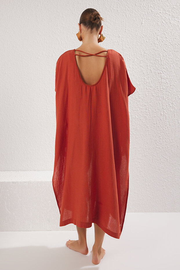 Kiremit Dokuma Sırt Dekolteli Midi Plaj Kimono&Kaftan TBESS25KM00016 - 5