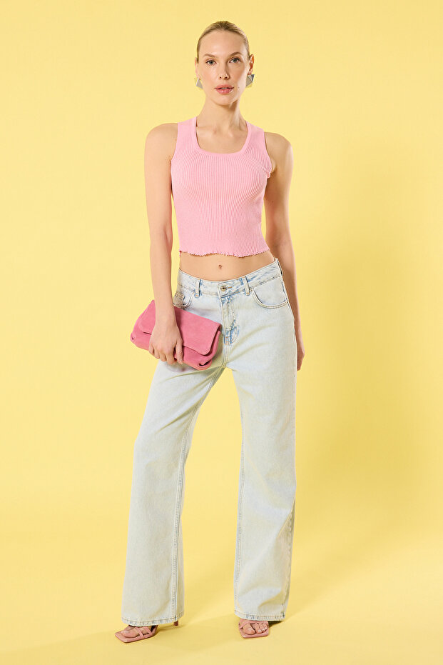 Pembe Kare Yaka Triko Bluz-Etek İnce Triko Bluz TWOSS25BZ00297 - 3