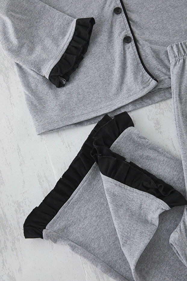 Szary melanżowy komplet piżamowy z kołnierzykiem z falbaną - Tbbaw25Ai00056 - 3