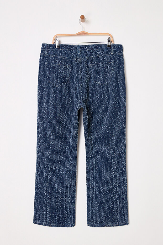 Mavi Yüksek Bel Dokulu Straight Fit Büyük Beden Jeans TBBSS25CJ00020 - 7