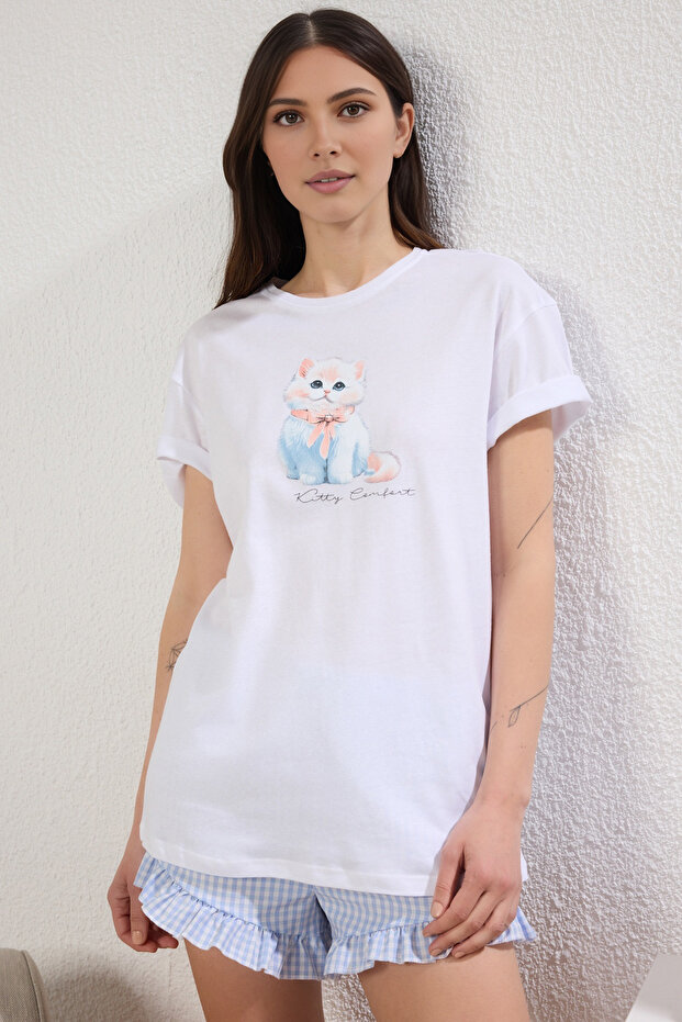 Beyaz %100 Pamuklu Pötikare Kedili Fırfırlı Şortlu Üst Örme Alt Dokuma Pijama Takımı THMSS25PT00263 - 2