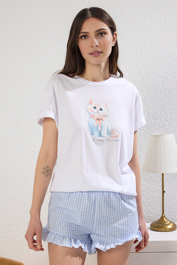 Beyaz %100 Pamuklu Pötikare Kedili Fırfırlı Şortlu Üst Örme Alt Dokuma Pijama Takımı THMSS25PT00263 - 1