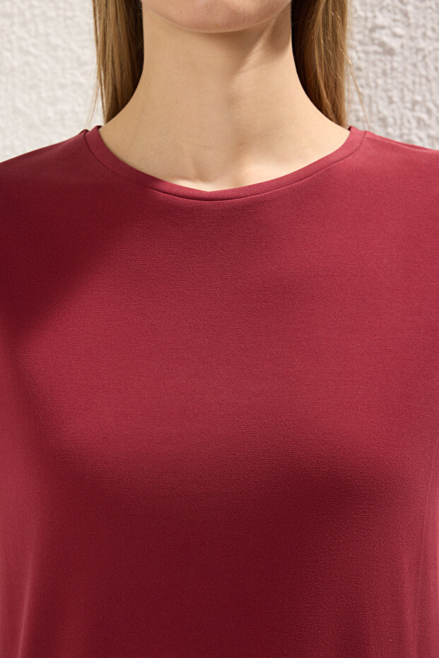 Bordo More Sustainable Soluk efektli Modal Kumaş Oversize/Geniş Kesim Örme T-Shirt TWOSS25TS00124 - 3