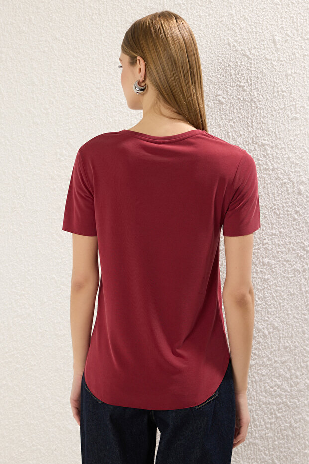 Bordo More Sustainable Soluk efektli Modal Kumaş Oversize/Geniş Kesim Örme T-Shirt TWOSS25TS00124 - 4