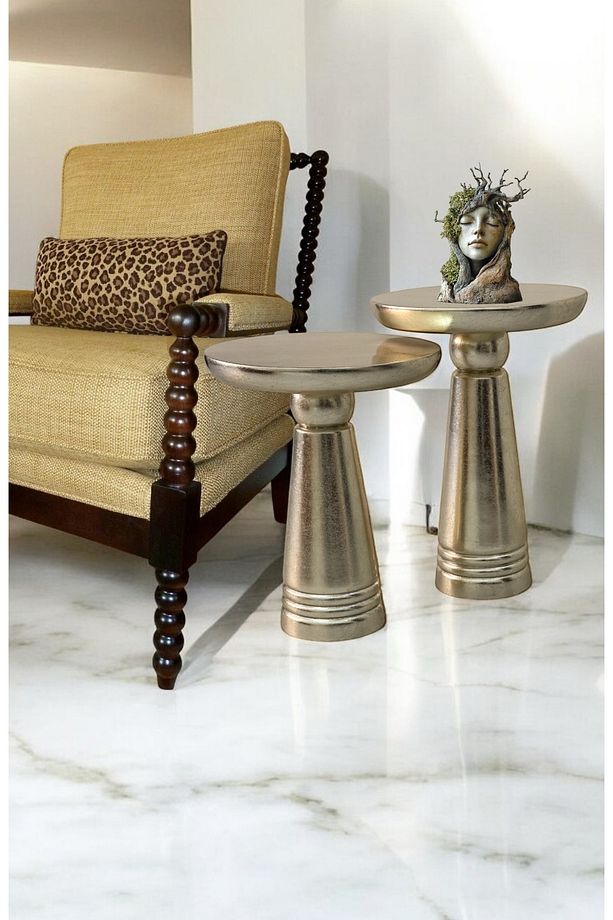 Ahşap 2’li Set Handmade Mantar Yan Sehpa Modern Gümüş Renk Varak Jelatin Fiskos Zigon Çiçeklik - 4
