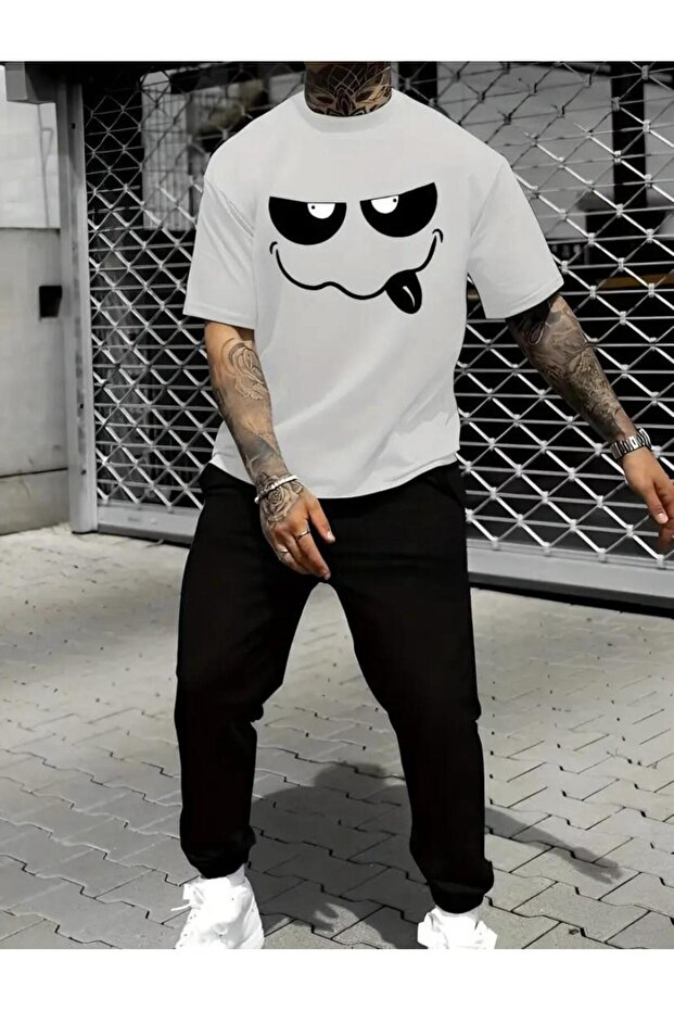 Men's Ugly Face Printed T-Shirt Sweatpants Jogger Comfortable Fit Gray Tracksuit Set New Model