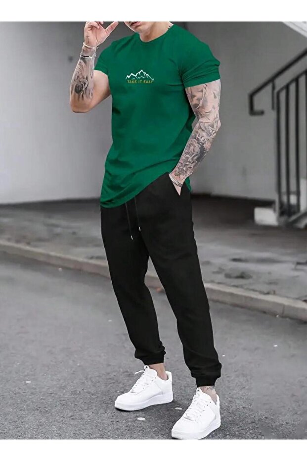 Men's Green Printed Take Push Easy T-Shirt and Jogger Sweatpants - Comfortable Fit New Model