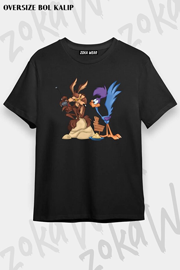 Unisex Oversize Fit Coyote and Road Runner Design Printed Tshirt