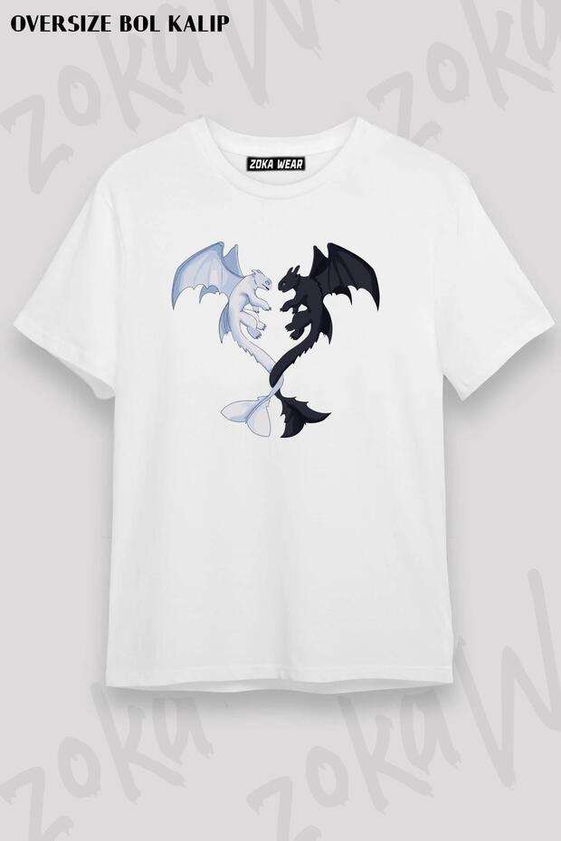 Unisex Oversize Fit Toothless and Lightfury Design Printed Tshirt