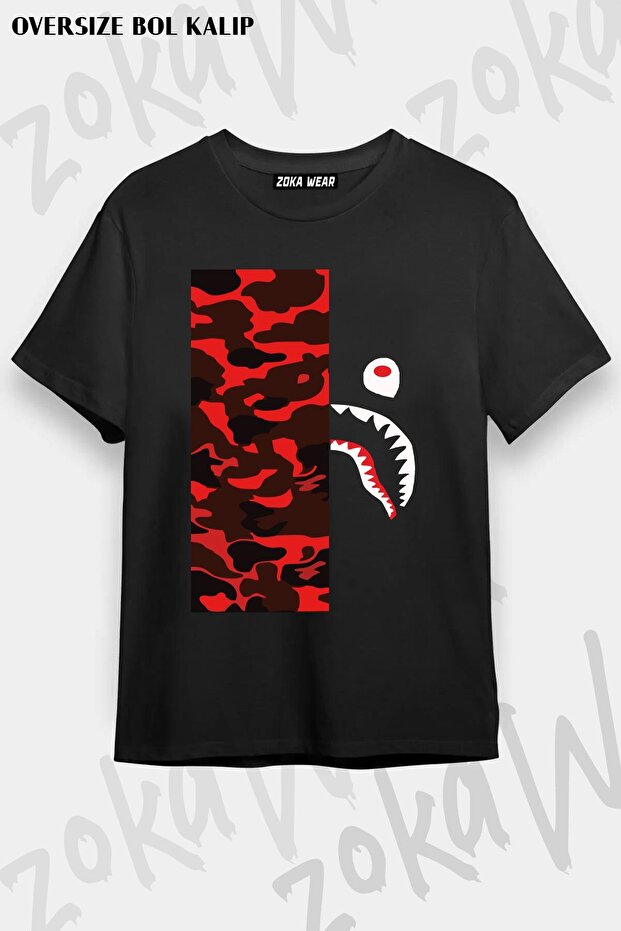 Unisex Oversize Fit Bape Shark Red Camouflage Design Printed Tshirt