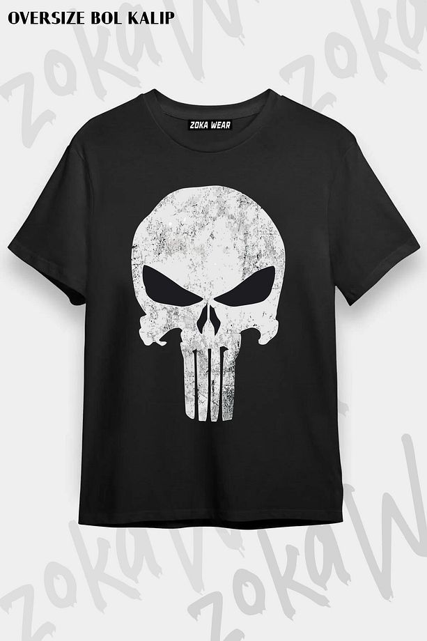 Unisex Oversize Kalıp Punisher v4 Tasarım Baskılı Tshirt - 1