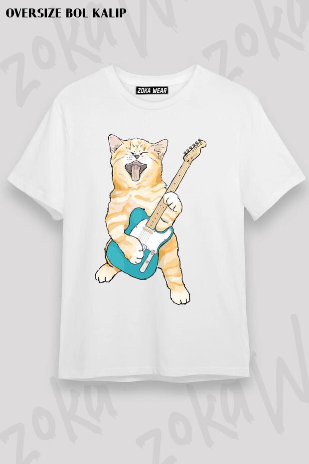 Unisex Oversize Fit Rock Roll Kitten Design Printed Tshirt