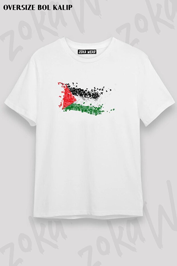 Unisex Oversize Fit Flying Birds Palestine Flag Design Printed Tshirt