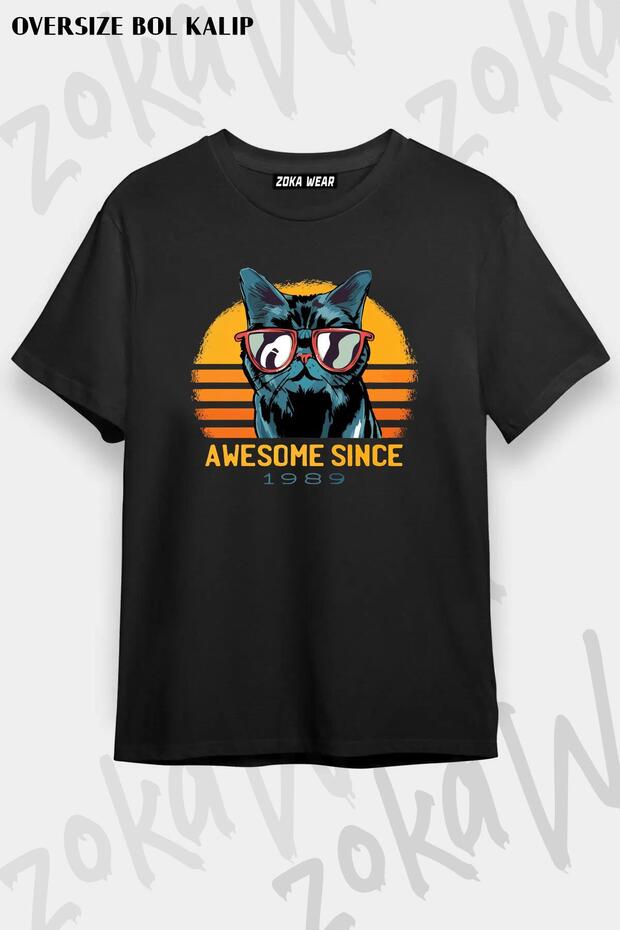 Unisex Oversize Mold Awosome since 1989 Cat with Glasses Design Printed Tshirt