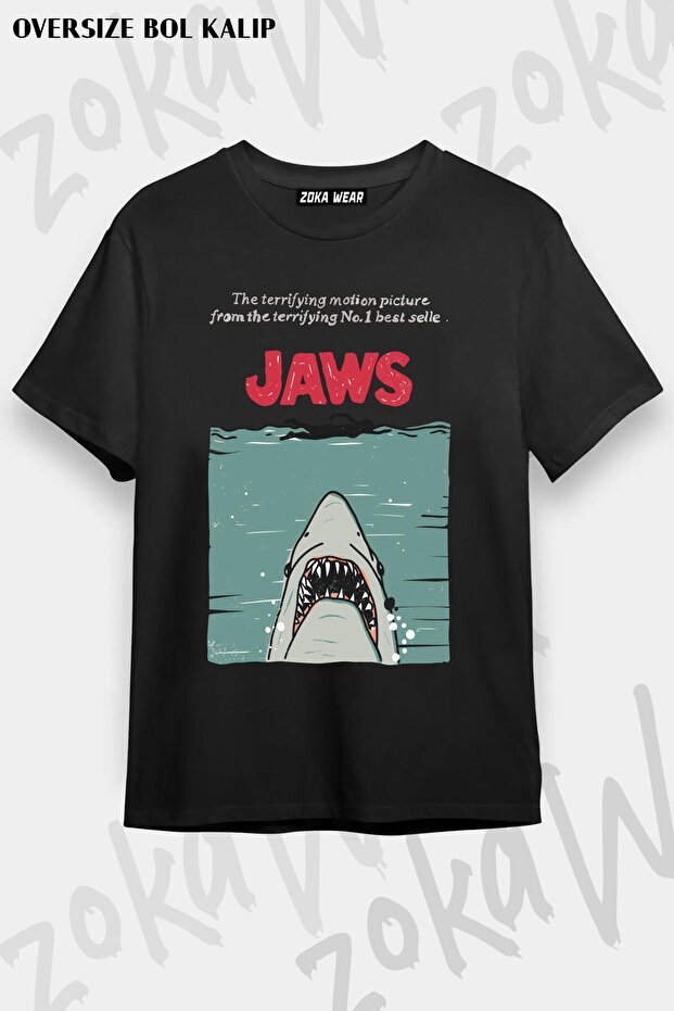 تي شيرت مطبوع بتصميم كبير الحجم للجنسين من Jaws Retro Vhs