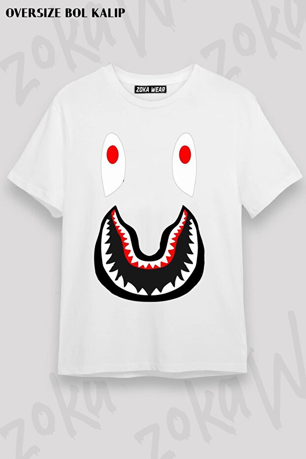 تي شيرت مطبوع بتصميم وجه مبتسم من Bape Shark مقاس كبير للجنسين