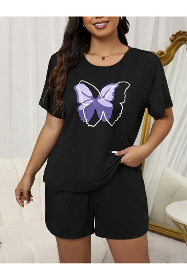 Purple Butterfly Printed Comfortable Black T-Shirt Set - Short Loose Leg and Top White