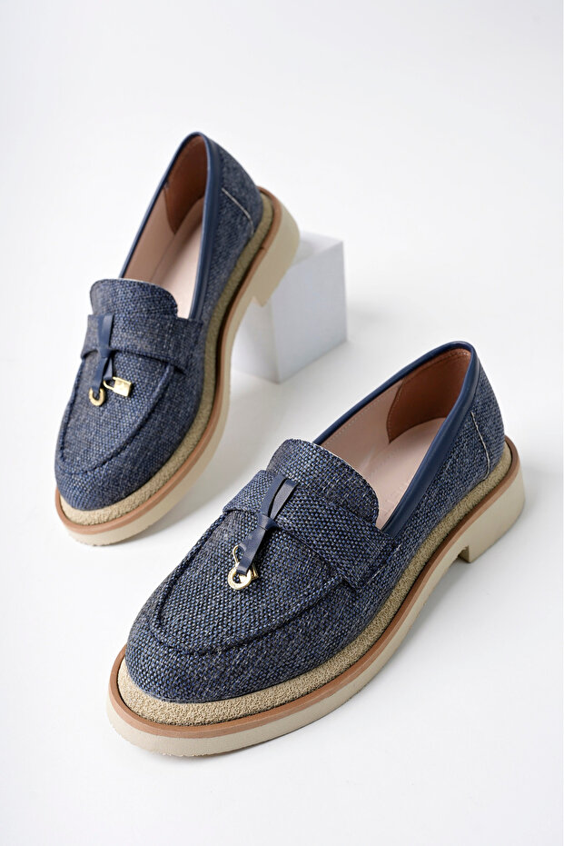 Loressa Model Navy Blue Linen Women's Loafer Casual Shoes