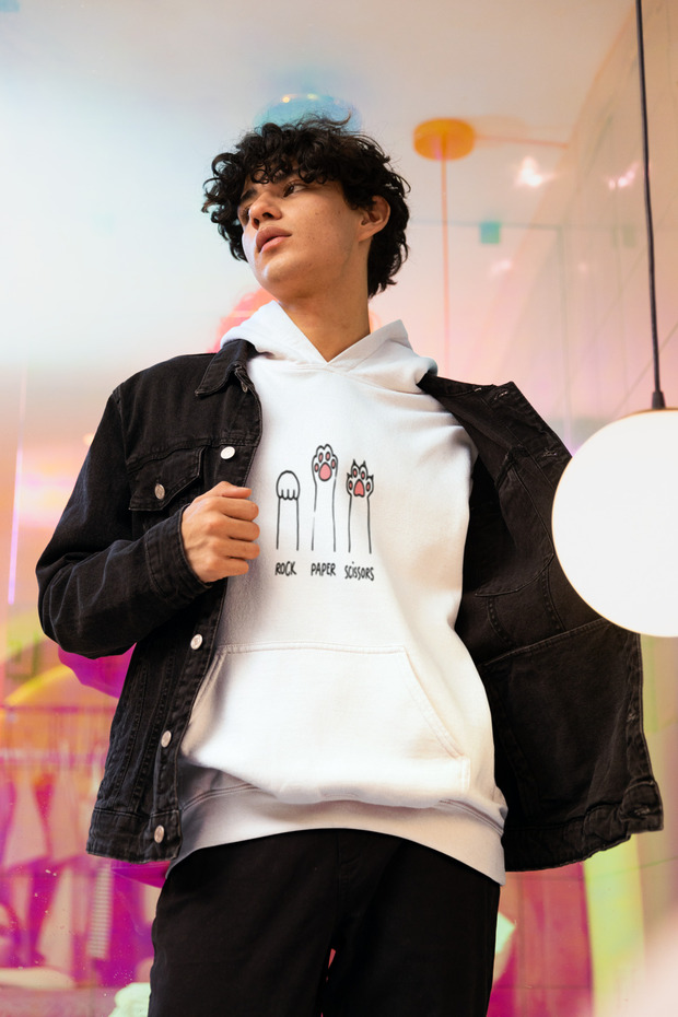Cat Finger Printed Men's Cotton Long Sleeve Shardonlu 3 Thread Hooded Sweatshirt