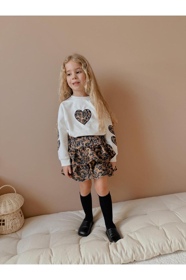 Yigit Boutique Leopard Skirt Heart Embroidered Girls' Bottoming Top Suit