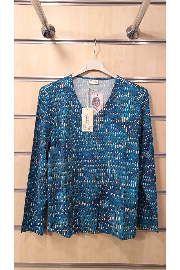 بلوزة منقوشة بأكمام طويلة ورقبة على شكل حرف V - 2