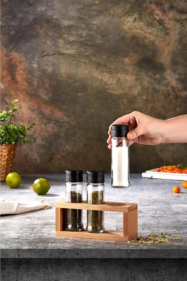 3-Piece Salt Shaker Pepper Shakers Set Spice Rack, Spice Rack with Wooden Stand