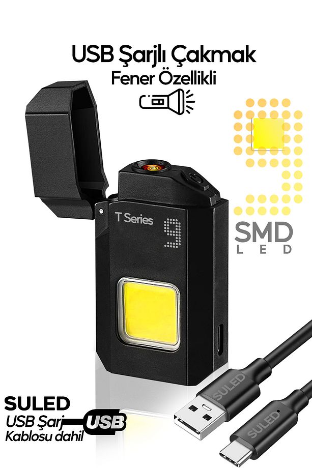 Şarjlı Çakmak T9 LED Fener Özellikli USB Şarjlı Kamp Çakmağı COB Led CE Rüzgardan Etkilenmez - 1