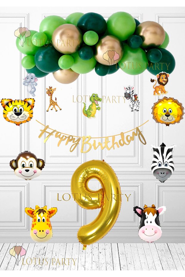 Safari Birthday Concept - 6 Safari Balloons - 5 Safari Banners - Gold Happy - 9 Years Old