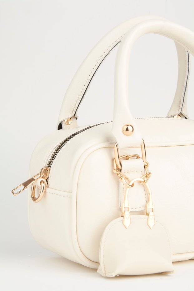 Women's Tulip Light Cream Bag Charm Detailed Patent Leather Zipper Closure Handbag and Shoulder Bag